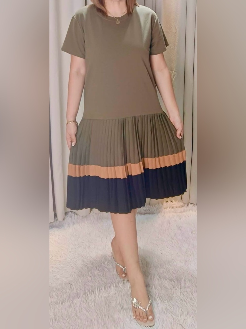 Pleated Colorblock Women’s Dress in Olive, Tan & Black up to 3XL